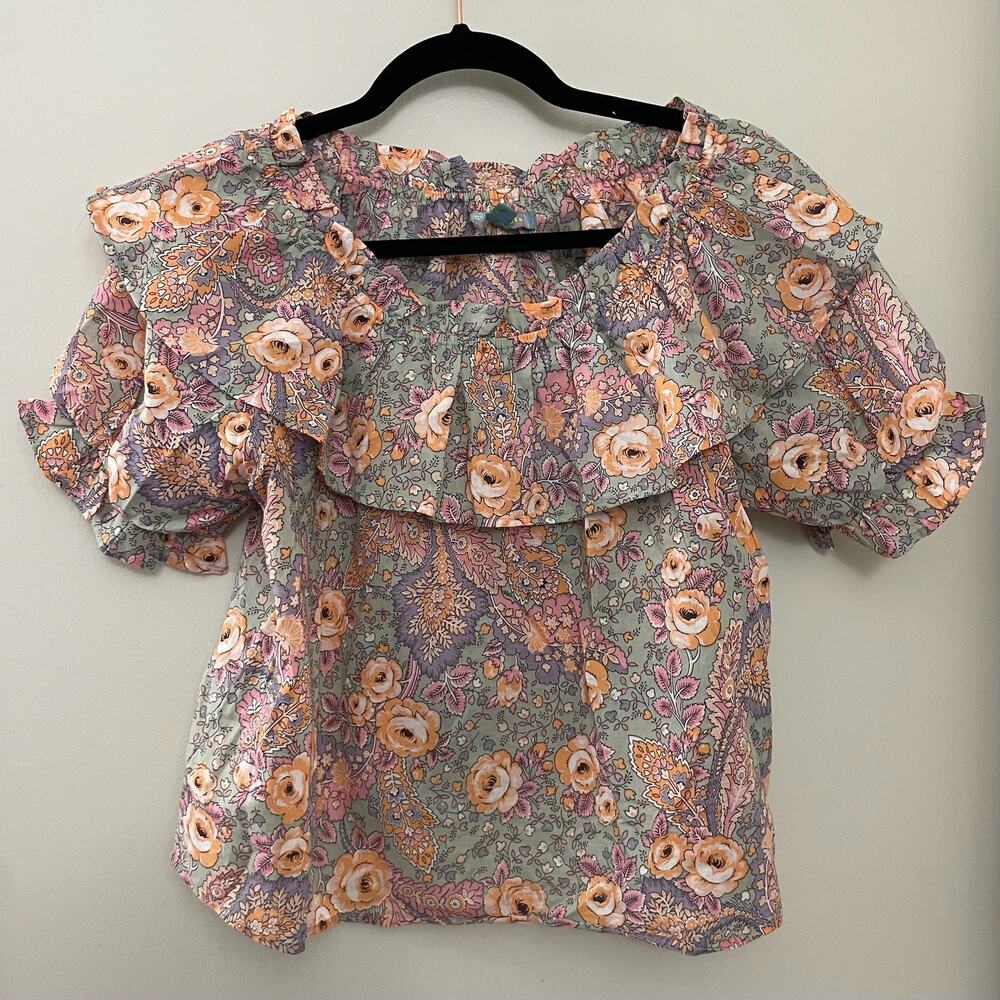 Feminine Puff Sleeve Romantic Ruffle Floral 100% Cotton Good Luck Gem Blouse S/M